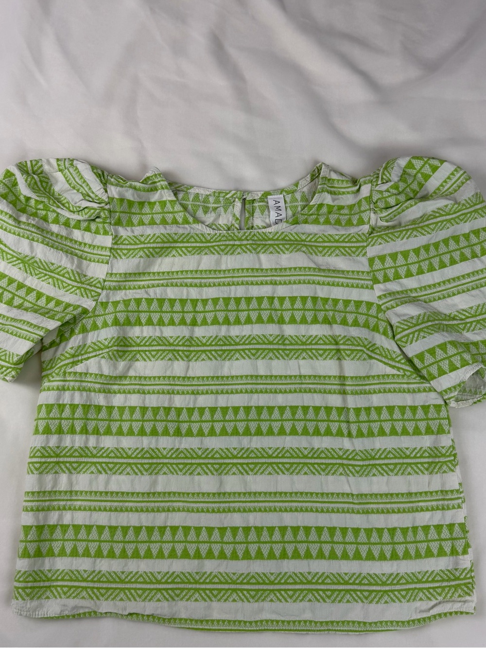 AMADI Green & White Geometric Puff Sleeve Blouse Large